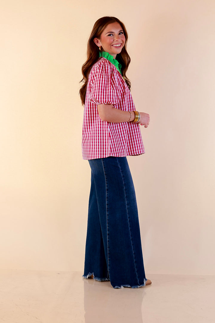 Polished &amp; Playful Short Puff Sleeve Gingham Top with Contrast Green Trim in Hot Pink and White