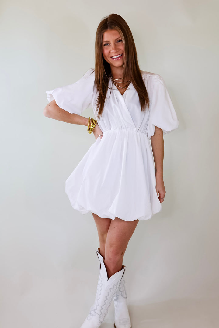 Flawless and Free Puffed Sleeve Babydoll Dress in White - Giddy Up Glamour Boutique