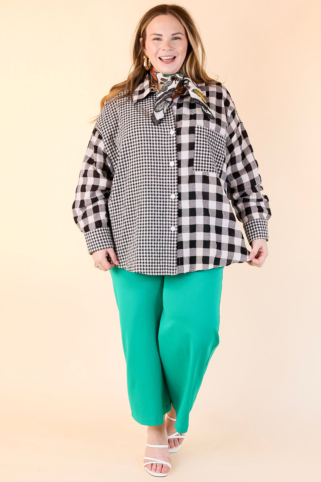 Waiting For You Mix Plaid Button Up Top in Black