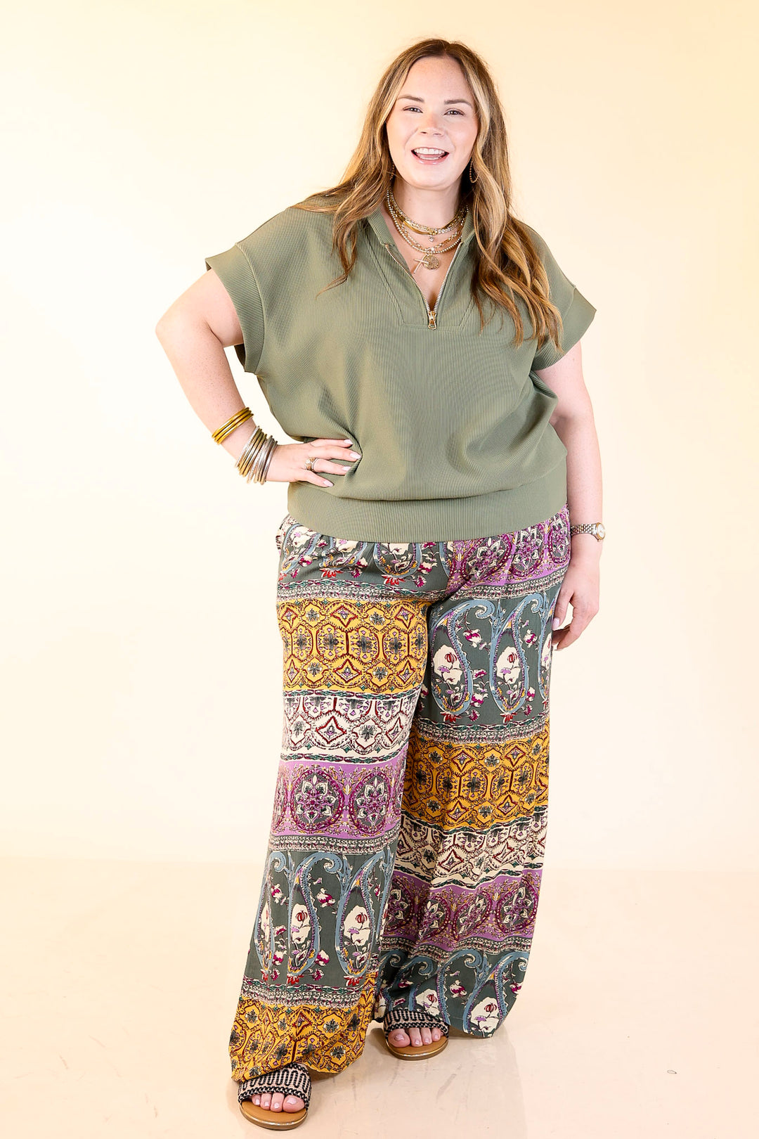 Top Priority Half Zip Collared Ribbed Top in Olive Green