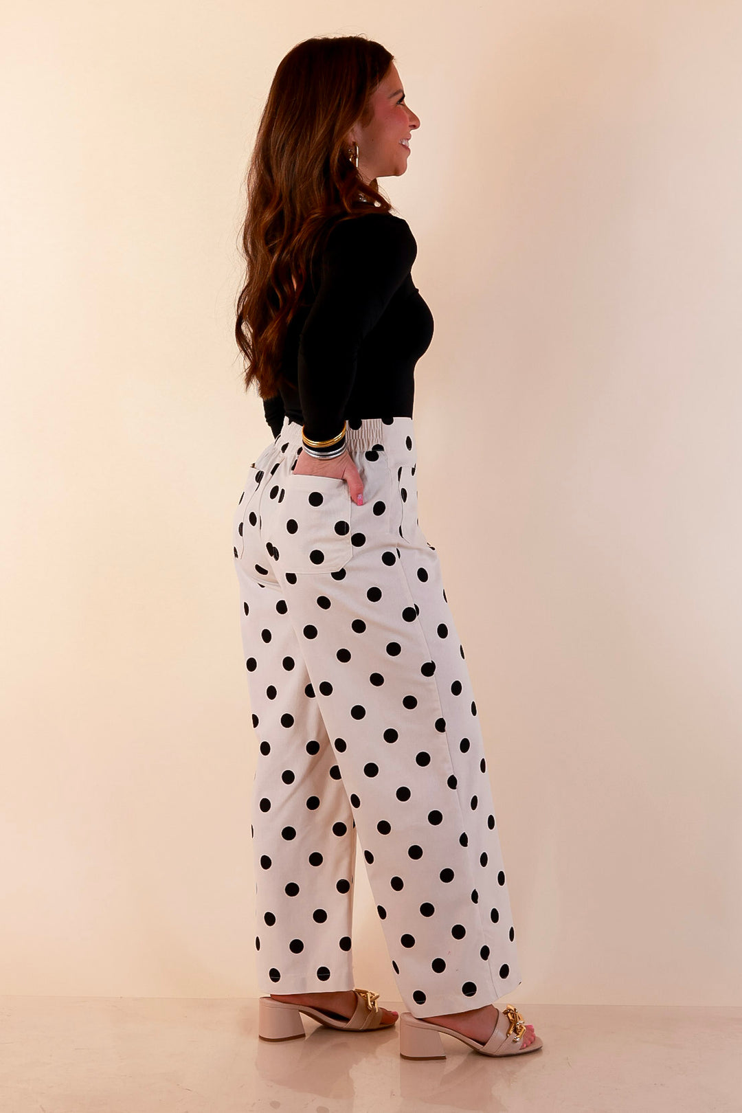 Spot on Style Wide Leg Black Polka Dot Print Pant with Front Patch Pocket in Cream