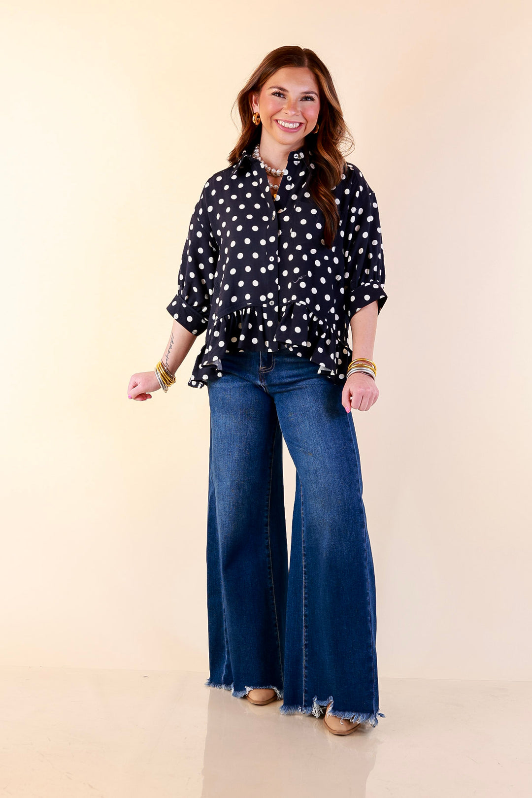 Style Agenda Button Down Peplum Top with Polka Dot Print in Navy Blue with Cream Dots