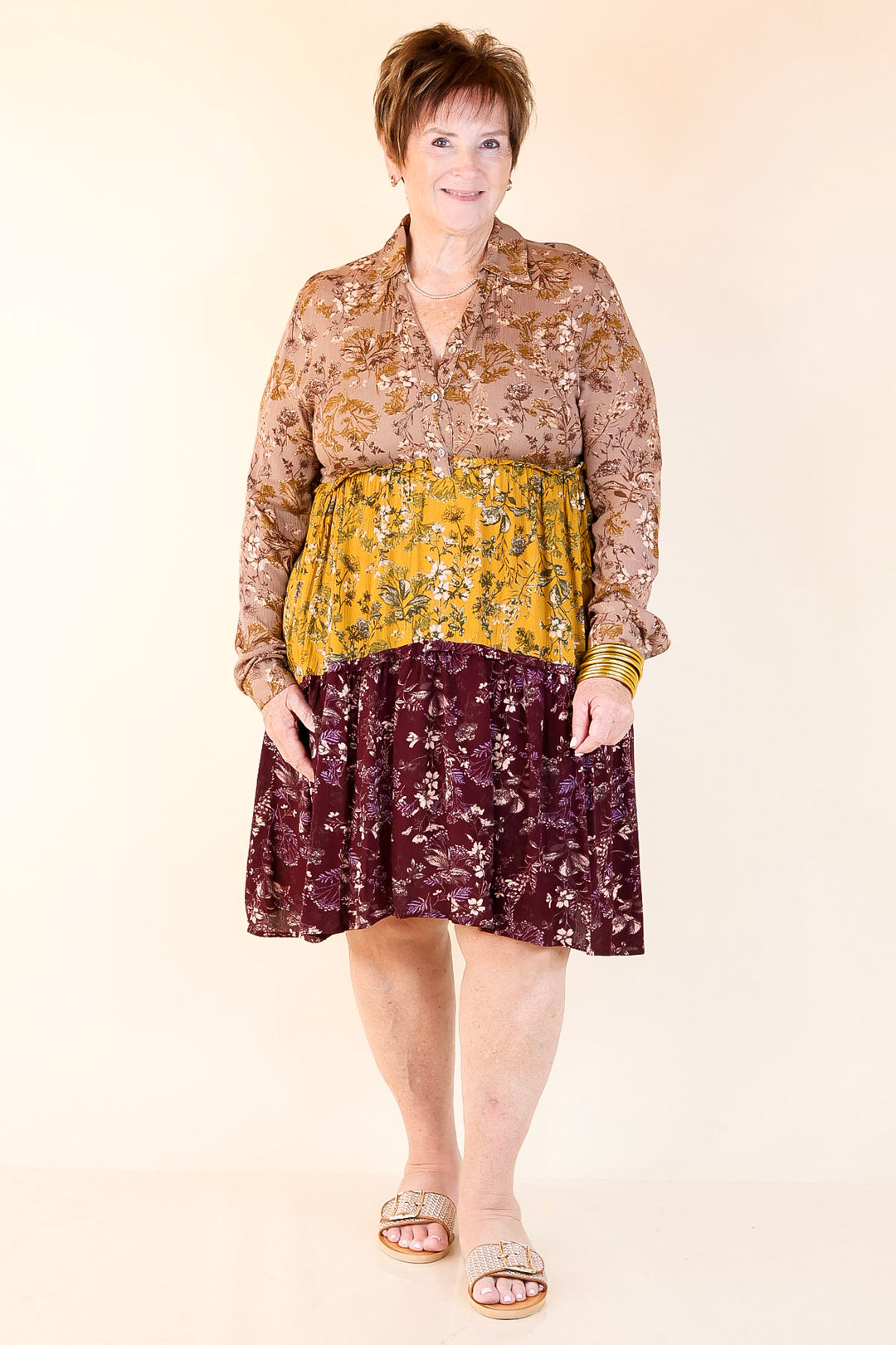 Among the Flowers Floral Ruffle Tier Long Sleeve Dress in Taupe, Mustard, and Burgundy