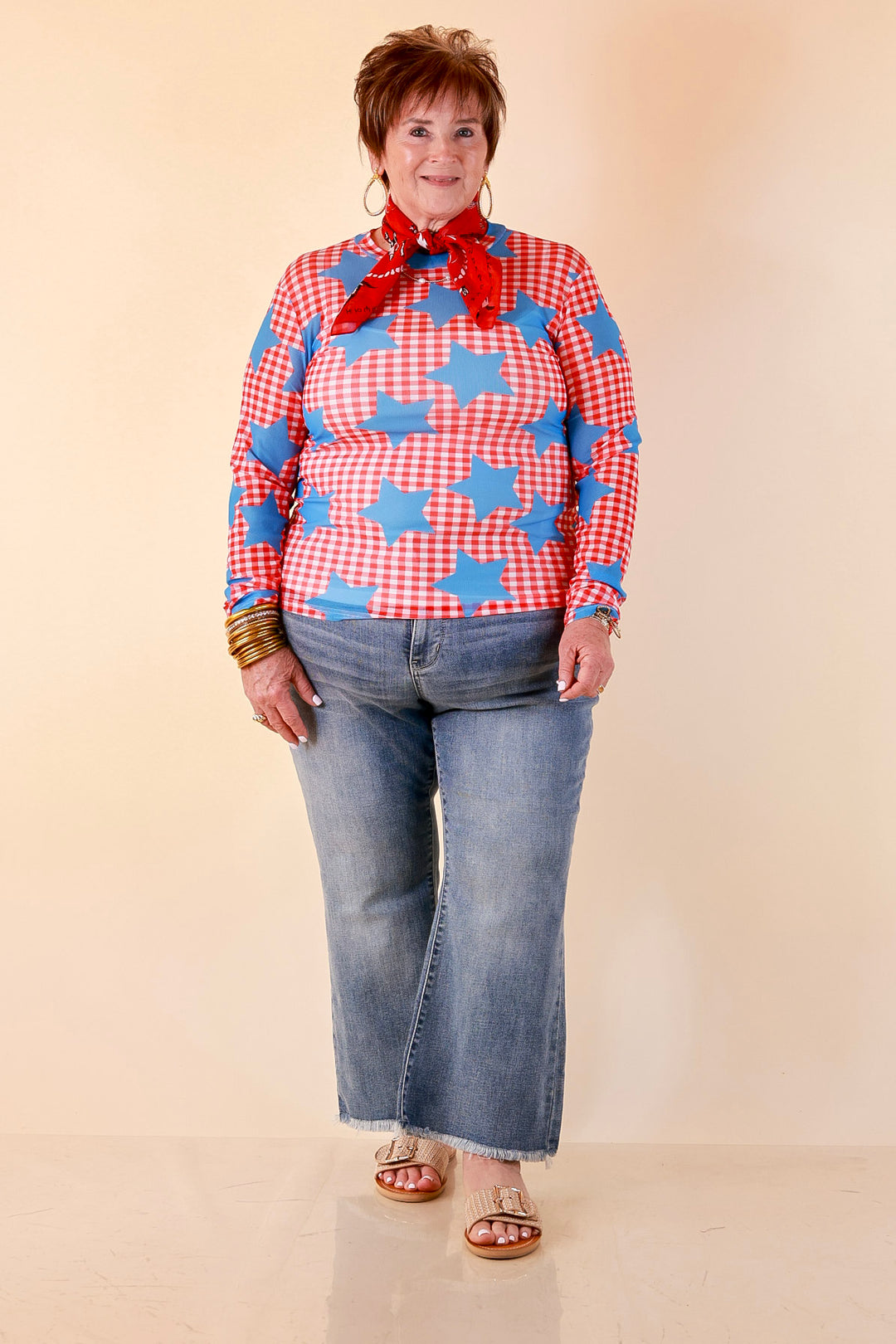 The Essential Layer Gingham and Star Print Sheer Mesh Long Sleeve Top in Red, White and Blue