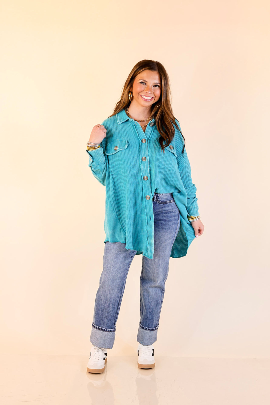 On the Move Long Sleeve Waffle Knit Button Up Shacket in Turquoise Blue