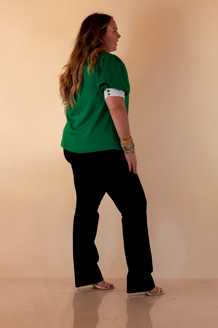 Confidently Yours Contrast Polka Dot Trim Puff Sleeve Top in Kelly Green