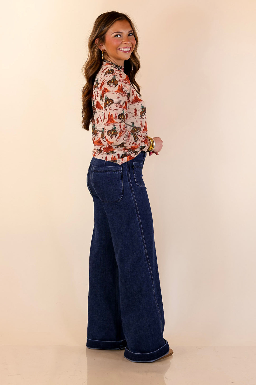 Sheer Confidence Western Red Rocks and Bronc Rider Mesh Long Sleeve Top in Cream