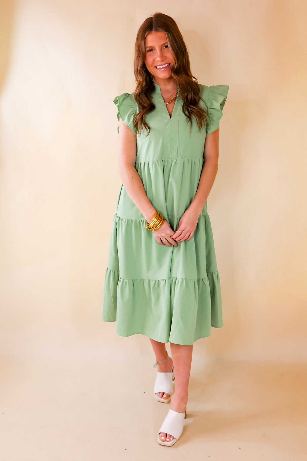 Magnolia Morning Ruffle Cap Sleeve Tiered Midi Dress in Sage Green - Giddy Up Glamour Boutique