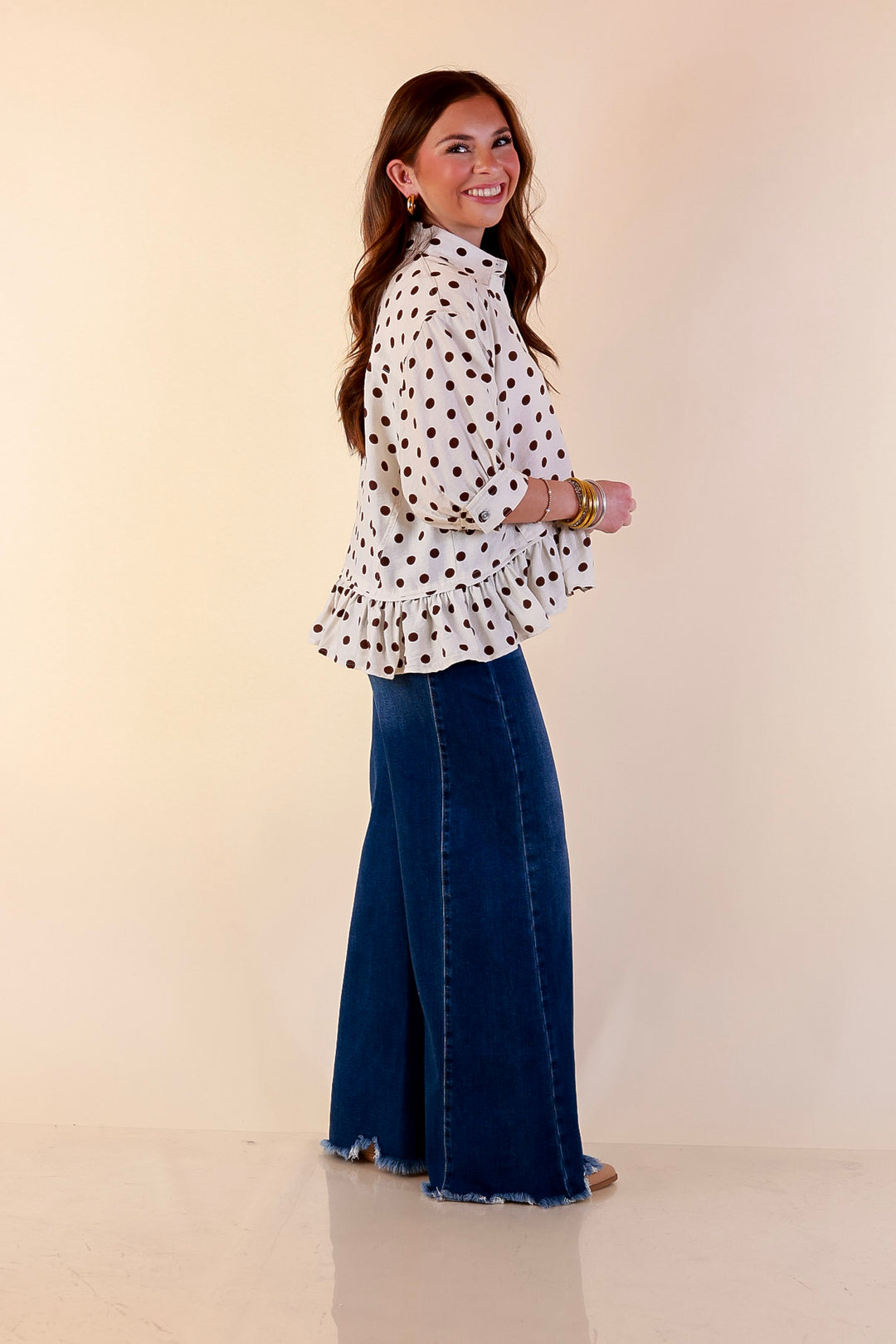 Style Agenda Button Down Peplum Top with Polka Dot Print in Cream and Chocolate Brown