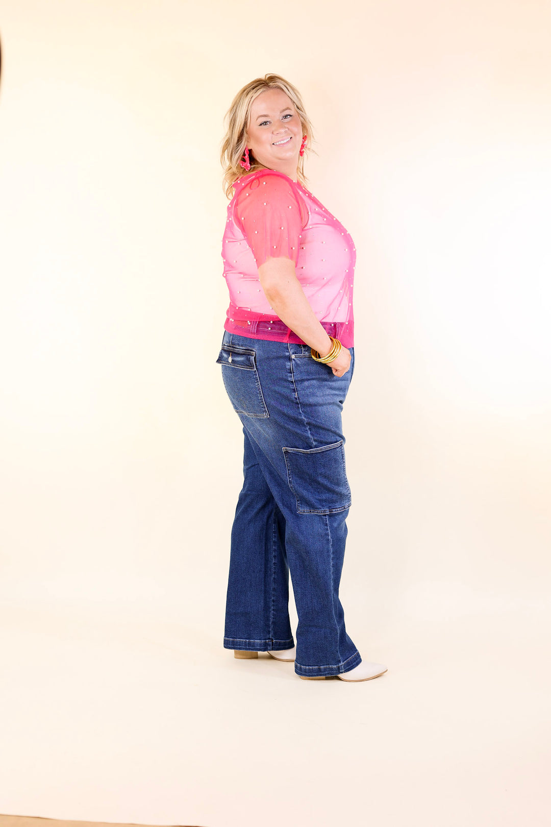 Shimmer in Style Mesh Short Sleeve Top with Pearls and Rhinestones in Hot Pink