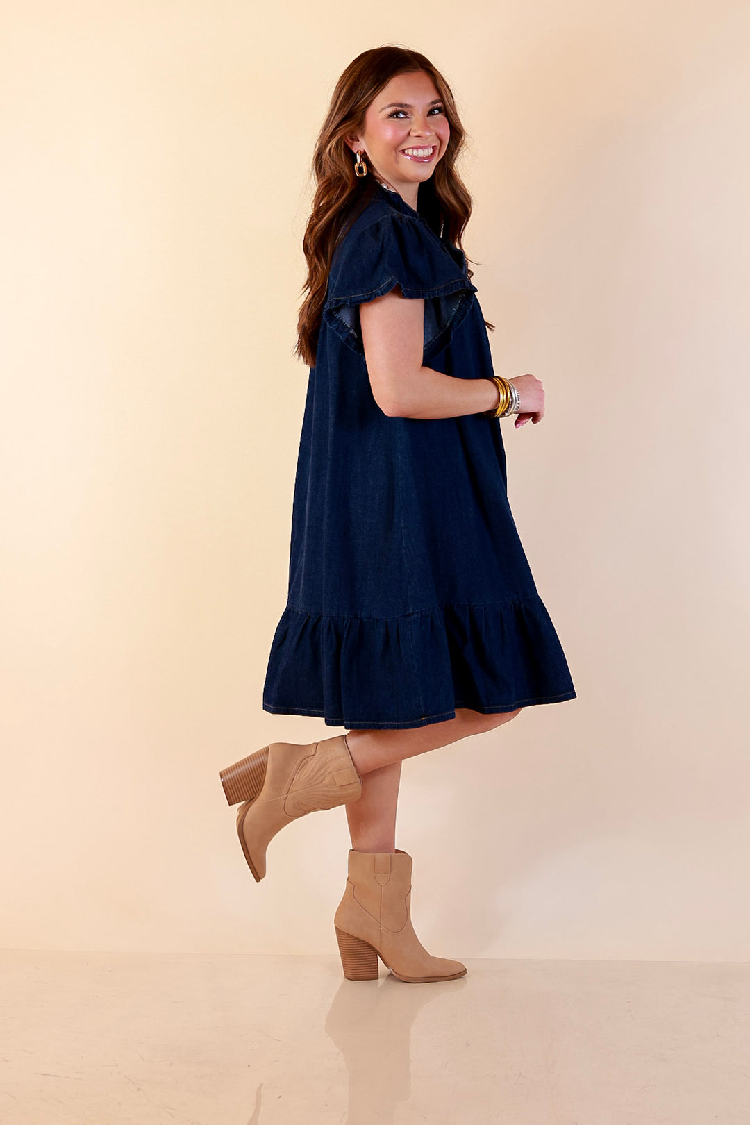 Day to Day Denim Smocked Yoke Dress with Ruffle Front and Flutter Sleeves in Dark Wash