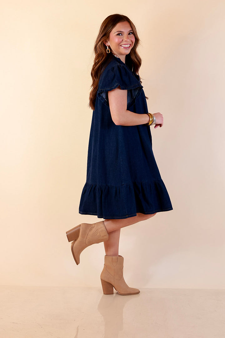 Day to Day Denim Smocked Yoke Dress with Ruffle Front and Flutter Sleeves in Dark Wash