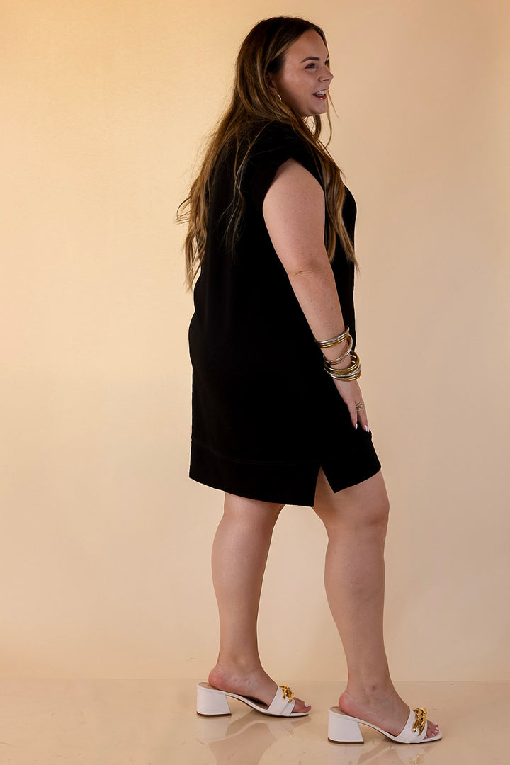 Modern Classic Cap Sleeve Dress with a Collar and Textured Detailing Dress in Black