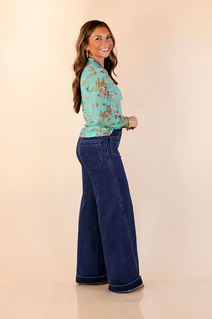Western Dream Cowboy Cattle Drive Print Long Sleeve Mesh Top in Turquoise Blue