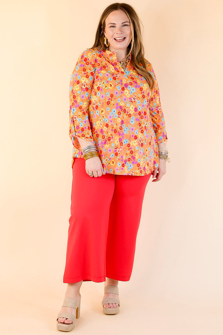 Urban Elegance Floral Print 3/4 Sleeve Tunic Top in Orange