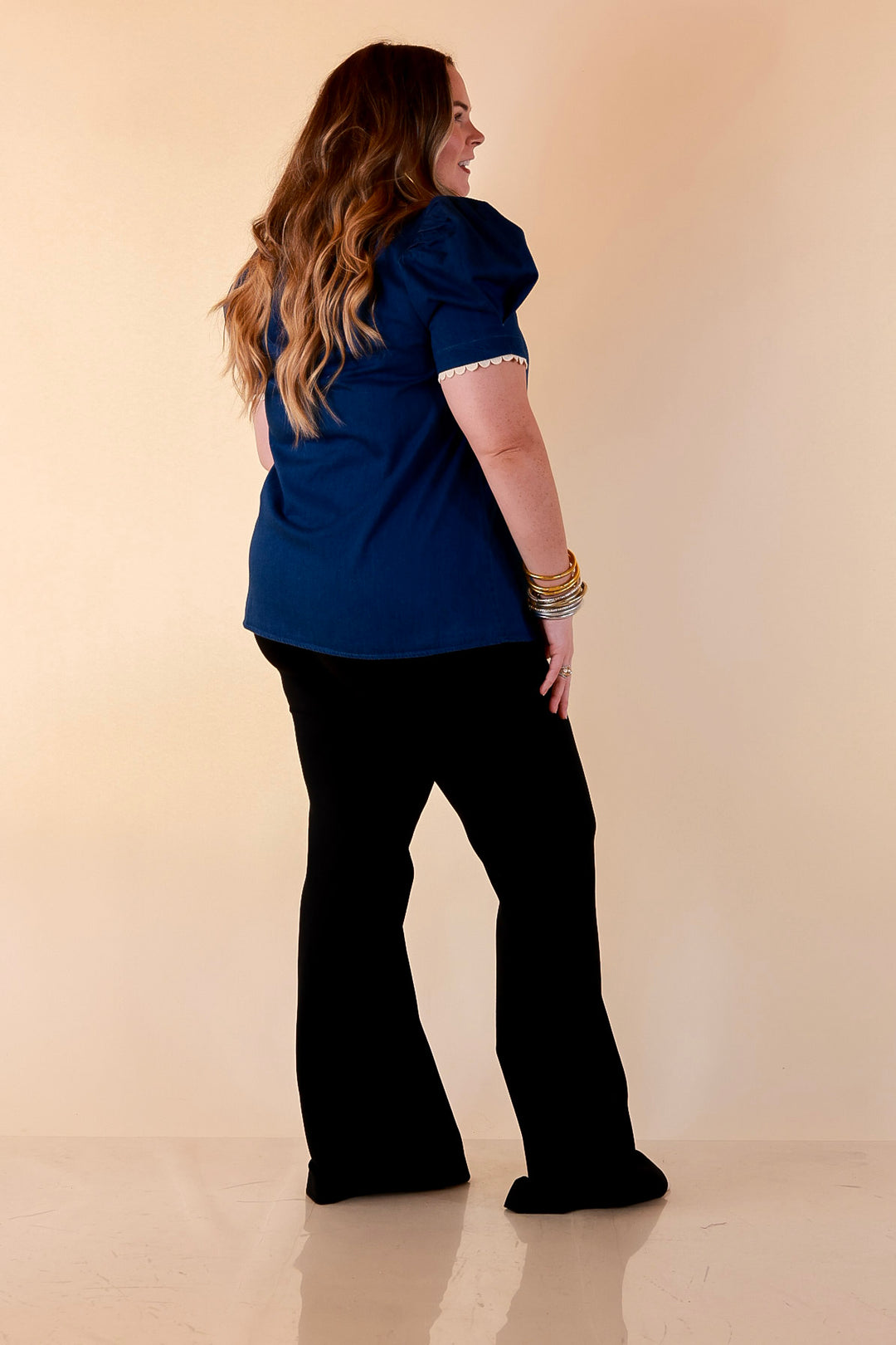 Chic in Command Contrast Leopard Print Trim with Ruffle Detailing Puff Sleeve Top in Denim