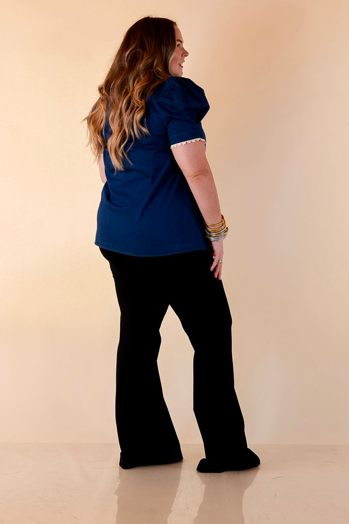 Chic in Command Contrast Leopard Print Trim with Ruffle Detailing Puff Sleeve Top in Denim