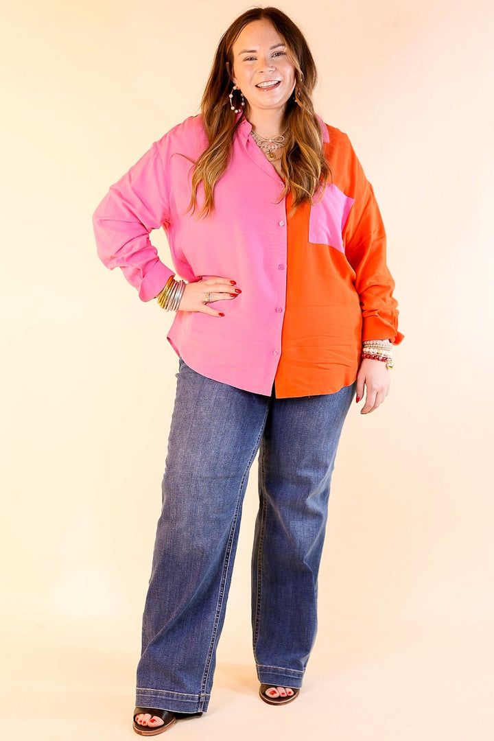 Play It Up Color Block Button Up Top in Pink and Red