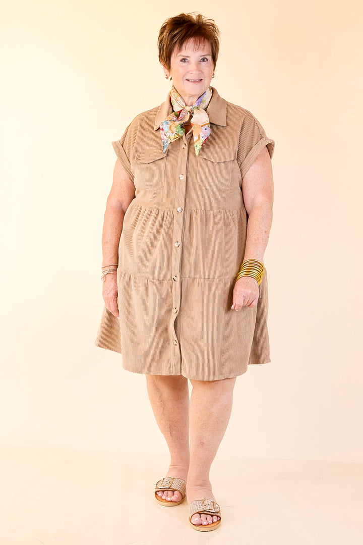 Latest Obsession Button Up Corduroy Dress in Taupe Brown