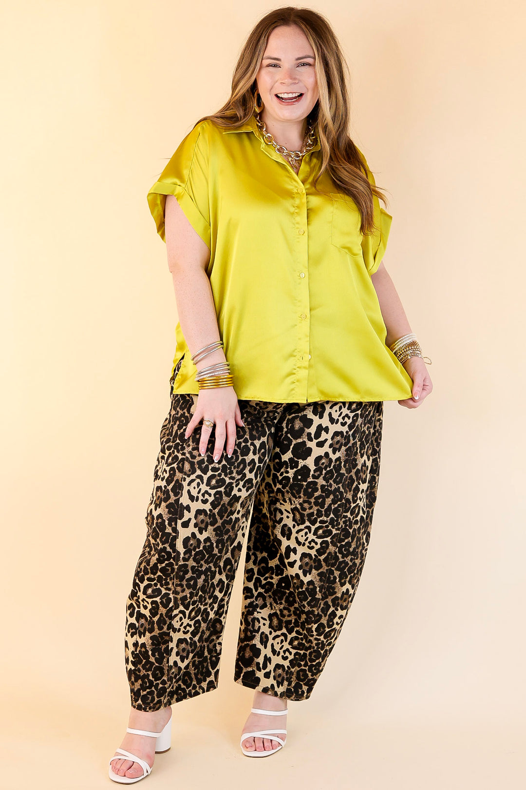 Free To Be Fab Button Up Short Sleeve Top in Chartreuse Green