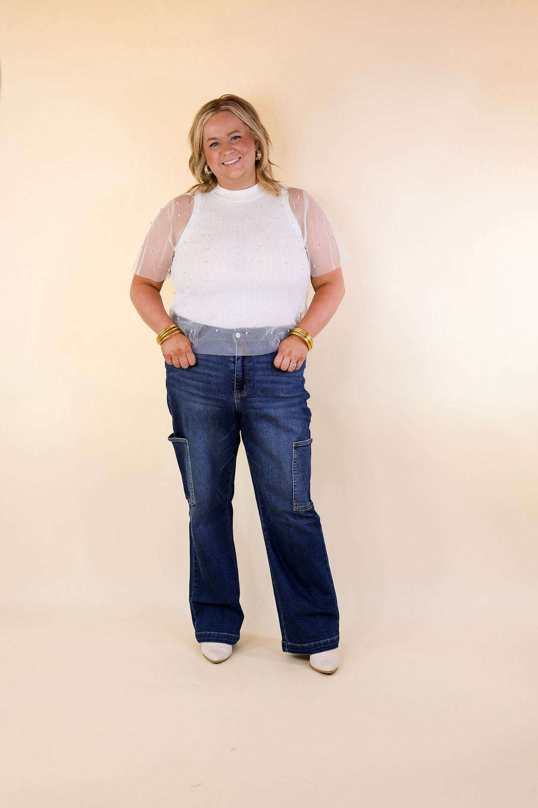 Shimmer in Style Mesh Short Sleeve Top with Pearls and Rhinestones in Off White