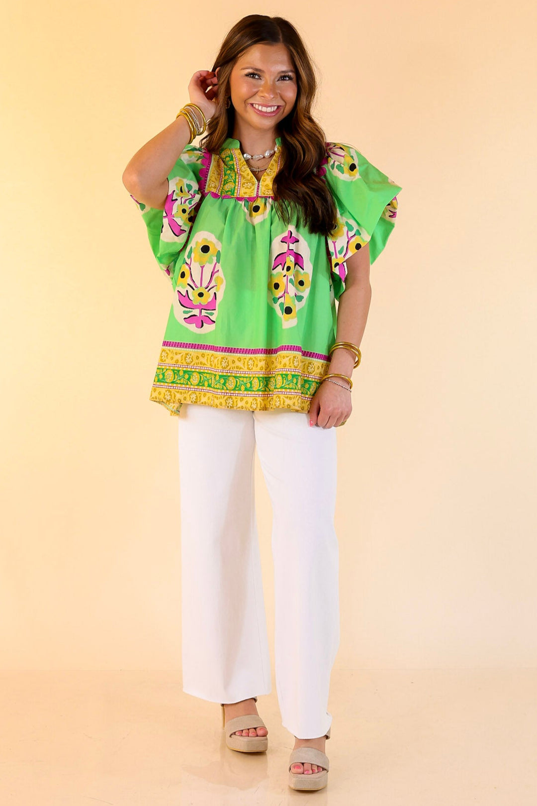 Floral Blush Short Sleeve Floral Shirt With Purple Rickrack in Green