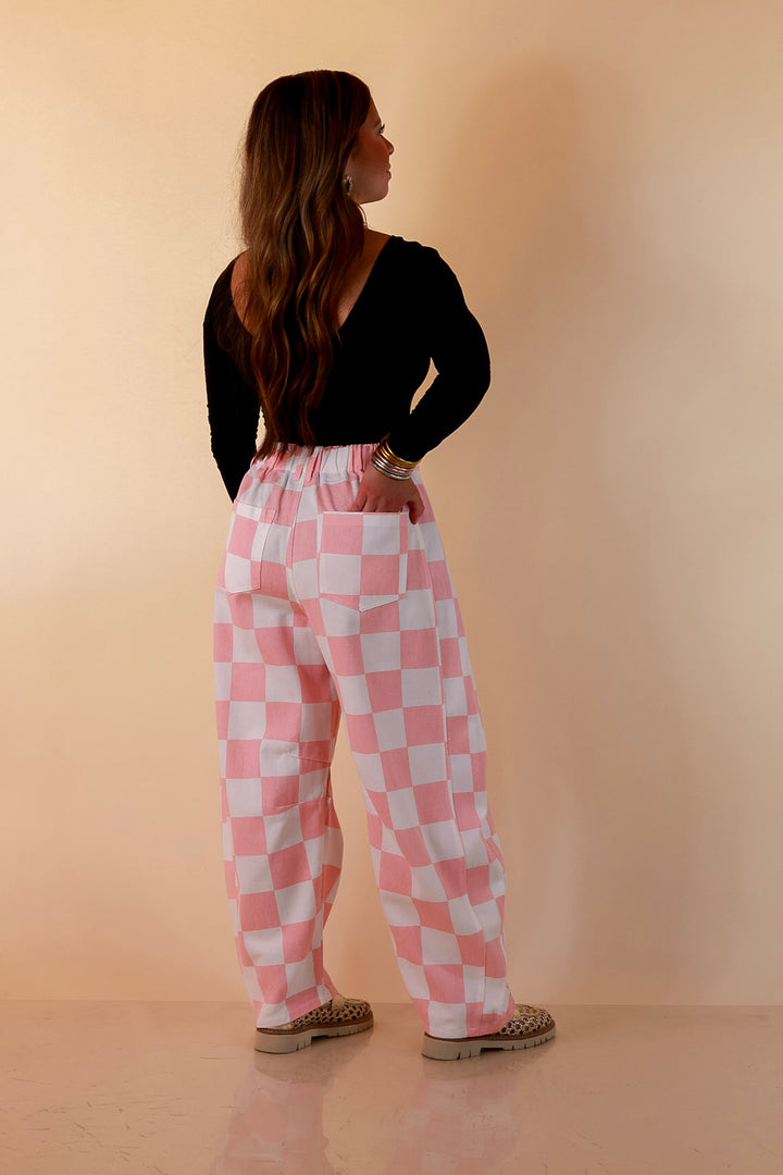 Check Me Out Wide Leg Checkered Print Barrel Denim Jean in Pink
