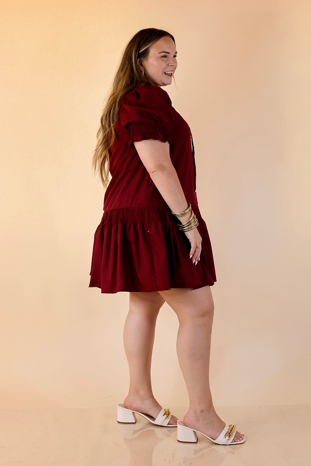 Sugar and Chic Peplum Solid Dress with Puff Sleeves in Maroon