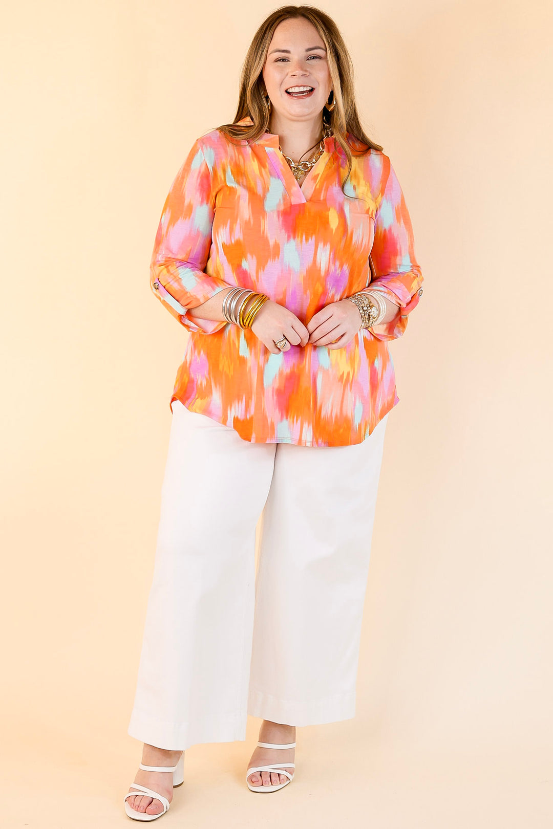 Urban Elegance Watercolor 3/4 Sleeve Tunic Top in Orange Mix