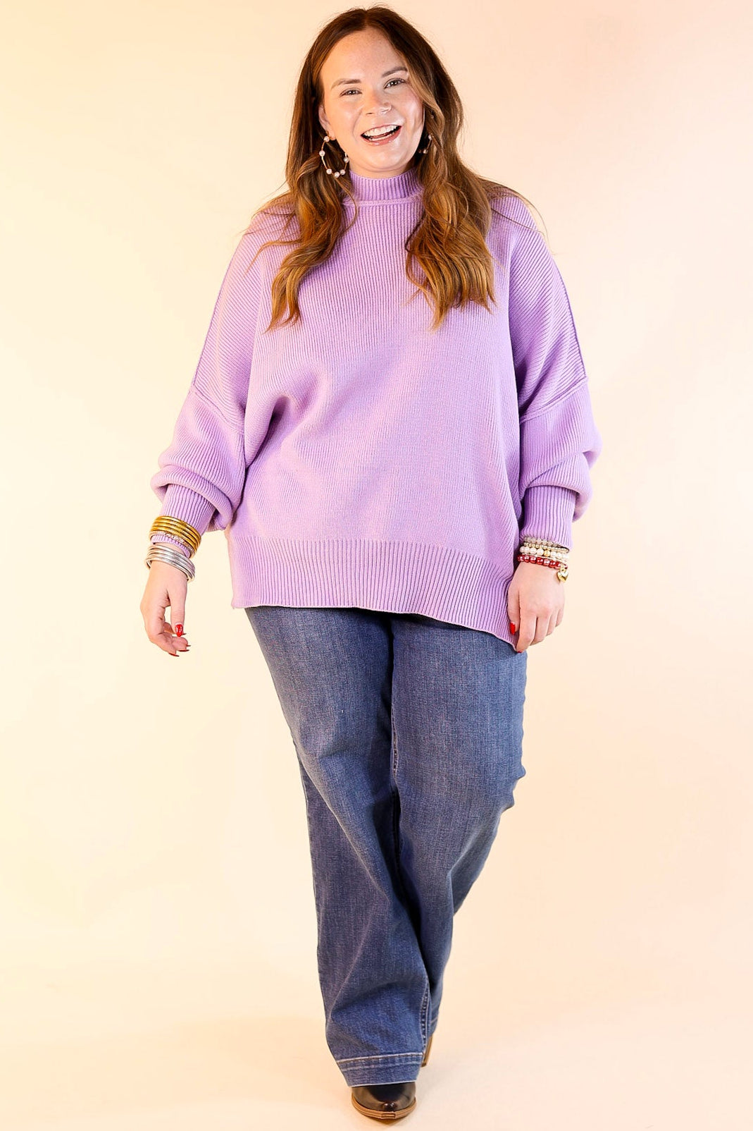 Snug and Stylish Mock Neck Sweater with Side Slit in Lavender Purple