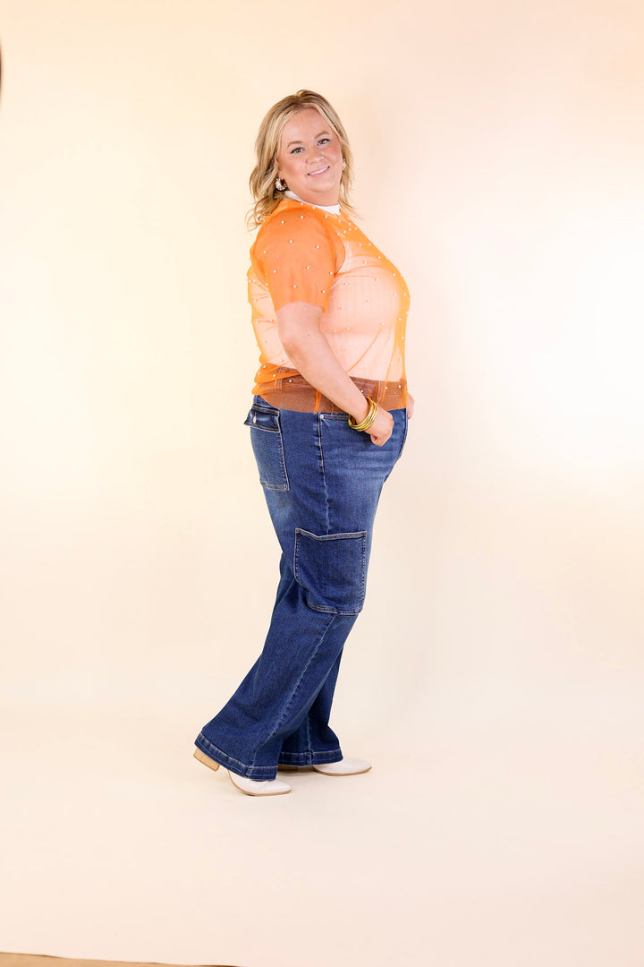 Shimmer in Style Mesh Short Sleeve Top with Pearls and Rhinestones in Orange