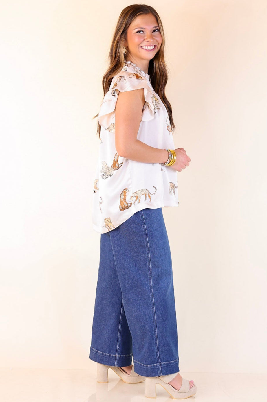 Wildly Sweet Leopard Print Blouse with Smoked Yoke and Ruffle Sleeves in Cream