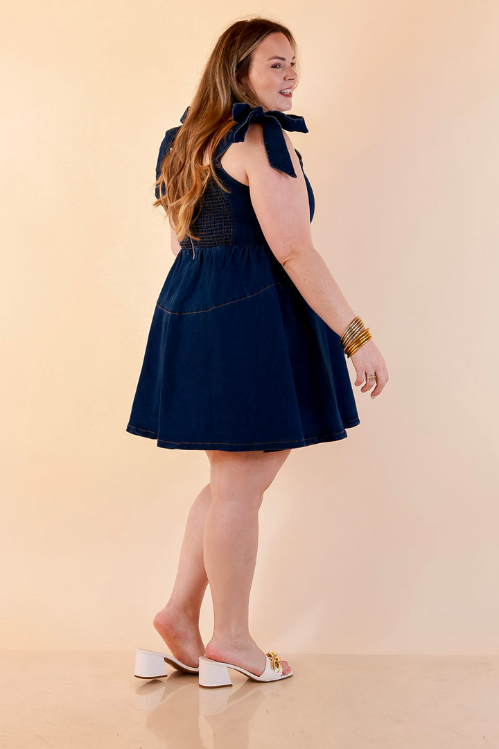 Denim Daydream Tie Shoulder Square Neck Tiered Corset Denim Mini Dress in Dark Wash