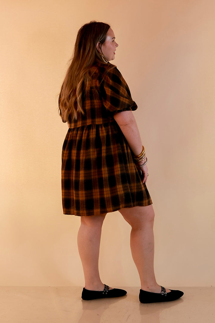 Adventures Ahead Plaid Button Up Babydoll Dress in Camel Brown