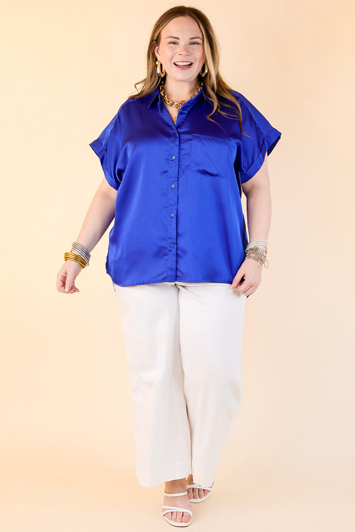 Free To Be Fab Button Up Short Sleeve Top in Royal Blue