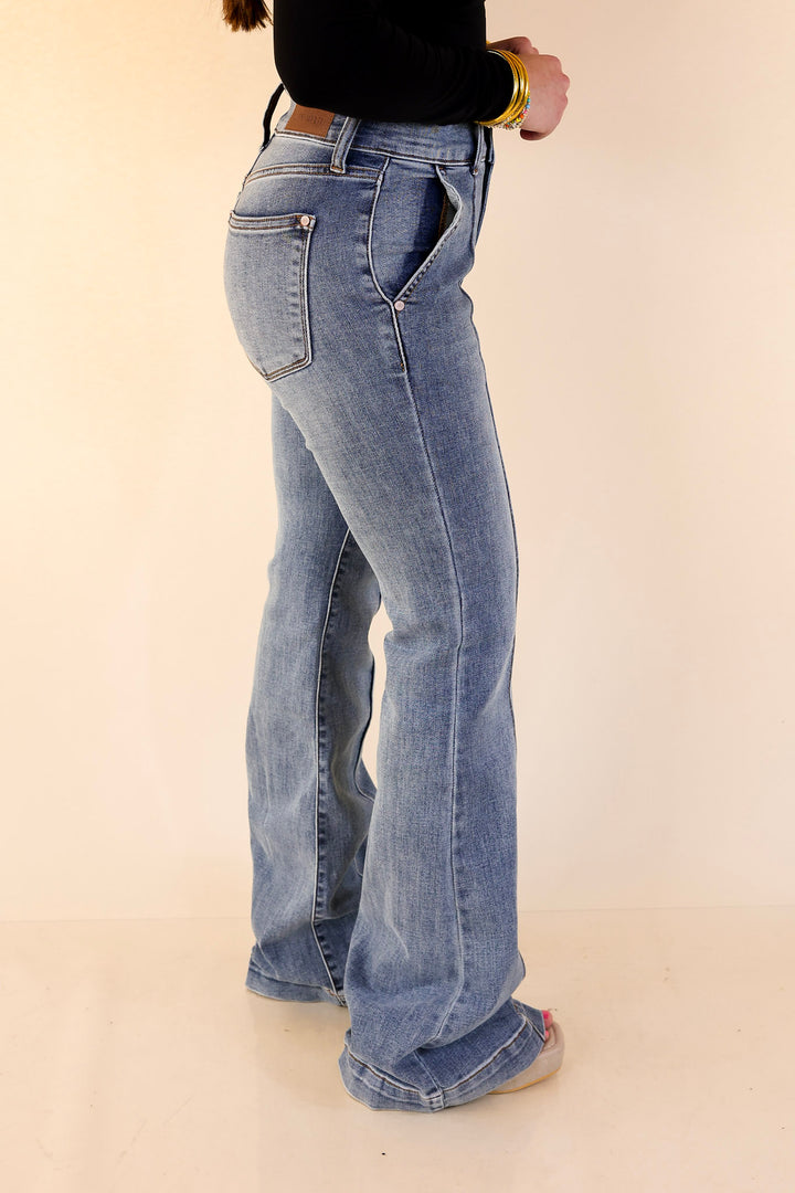 Judy Blue | Double Take Denim Trouser Flare Jeans with Seam Detailing in Medium Wash