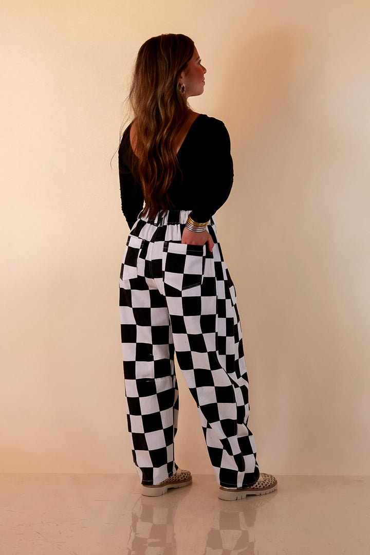 Check Me Out Wide Leg Checkered Print Barrel Denim Jean in Black