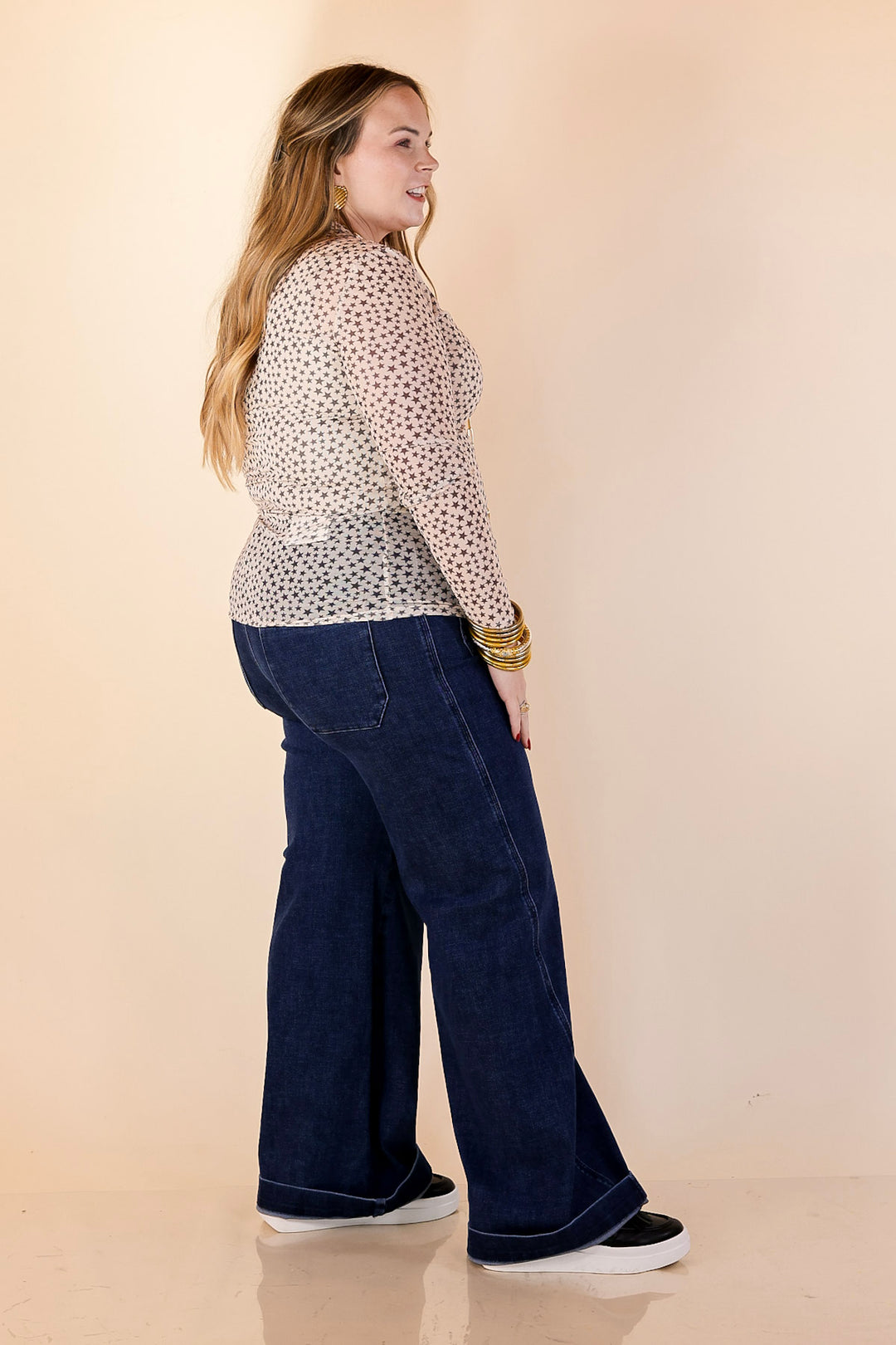 Western Dream Black Star Print Mesh Long Sleeve Top in Ivory