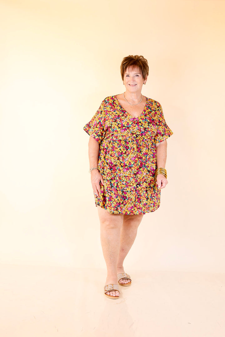 Fresh Blossoms Floral Print Babydoll Dress with V Neck in Brown