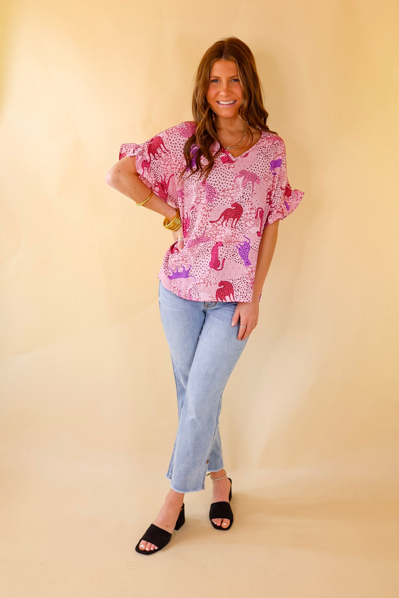 Best Version Cheetah Print V Neck Top with Ruffle Short Sleeves in Pink Mix - Giddy Up Glamour Boutique