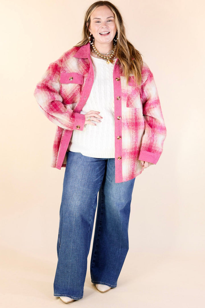 Mountain Retreat Plaid Fleece Jacket with Corduroy Trim in Pink
