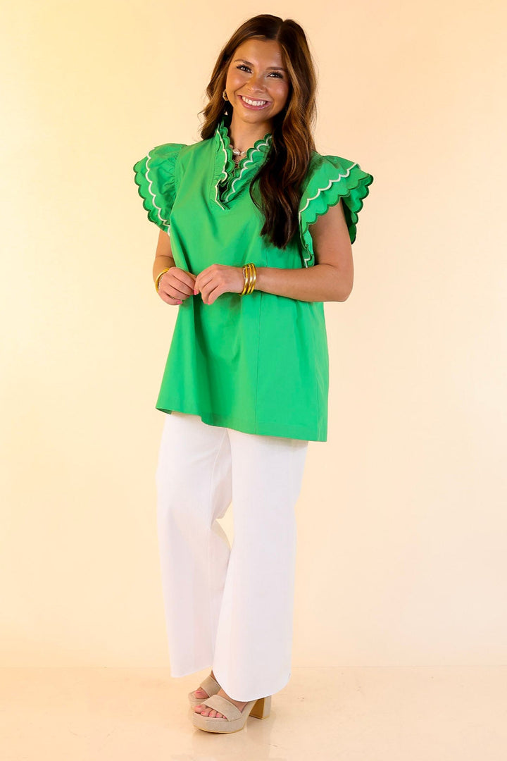 Sweet Pea Ruffle Collared Short Sleeve Shirt in Green