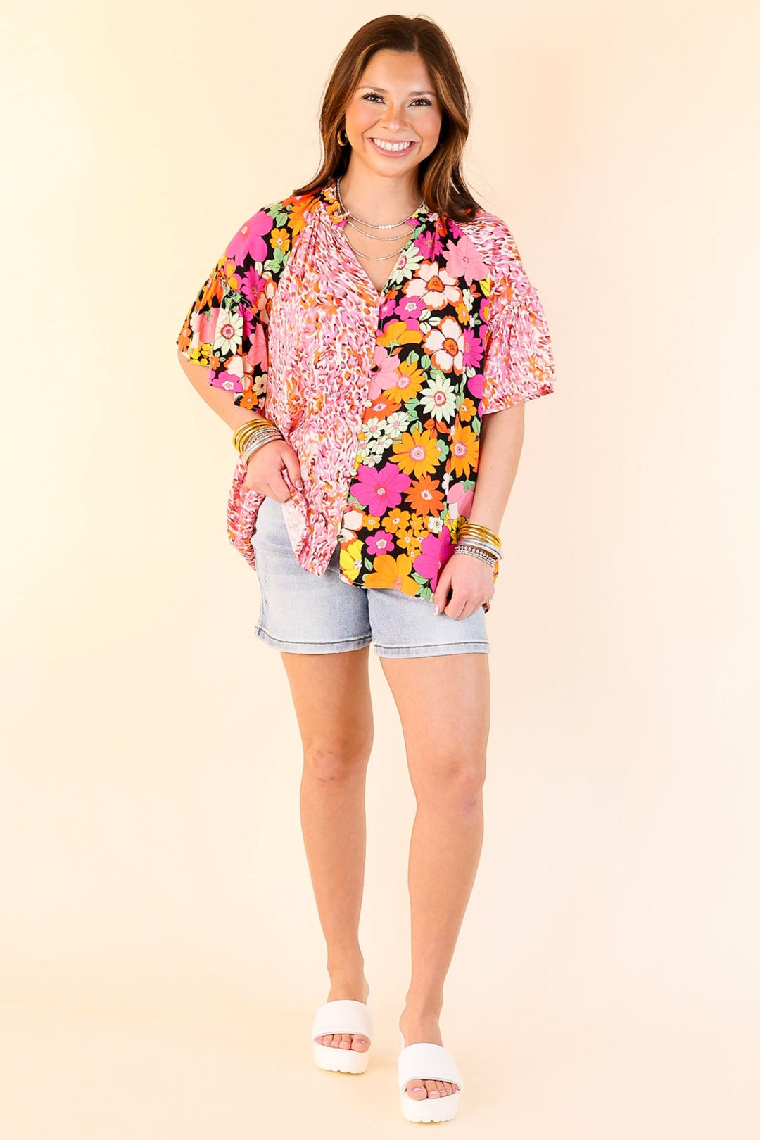 Double Time Abstract Print and Floral Print Top in Black and White