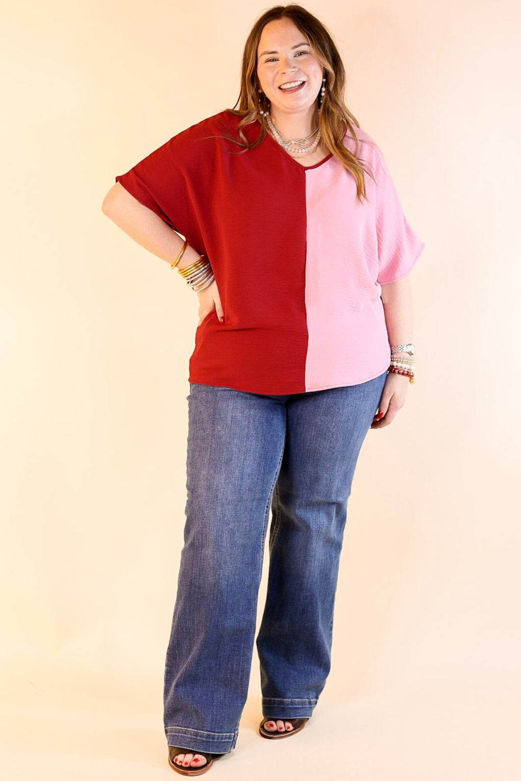 Lovely Dear V Neck Short Sleeve Color Block Top in Light Pink and Maroon