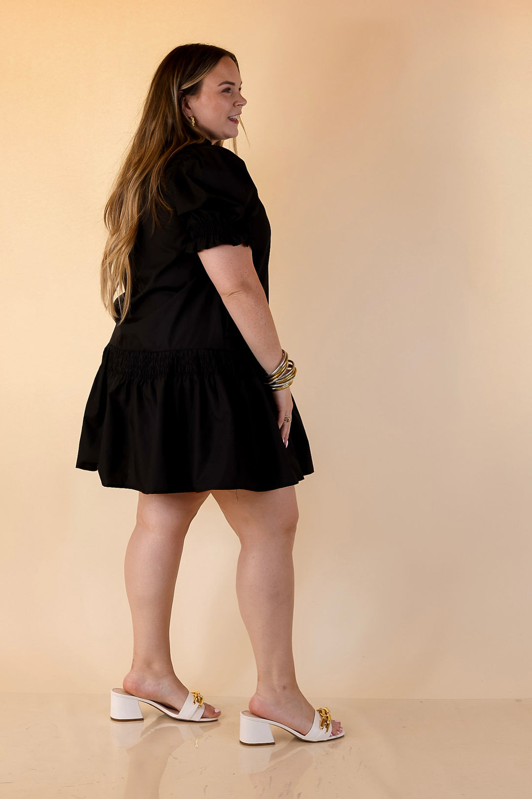 Sugar and Chic Peplum Solid Dress with Puff Sleeves in Black