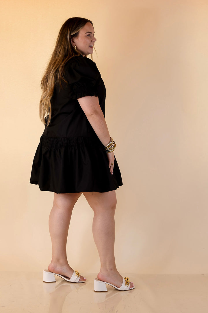 Sugar and Chic Peplum Solid Dress with Puff Sleeves in Black