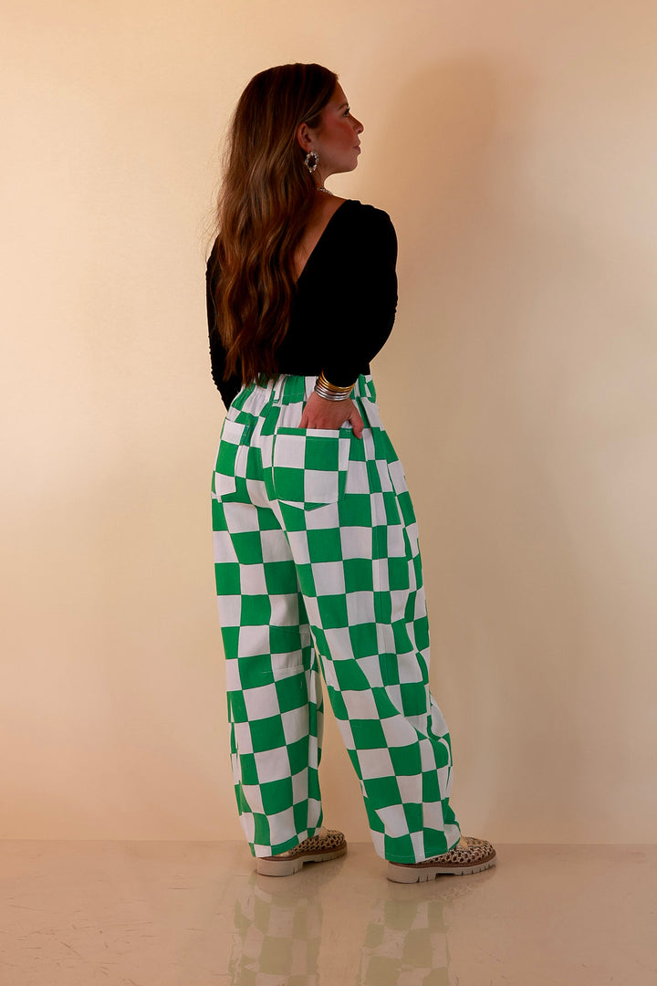 Check Me Out Wide Leg Checkered Print Barrel Denim Jean in Green