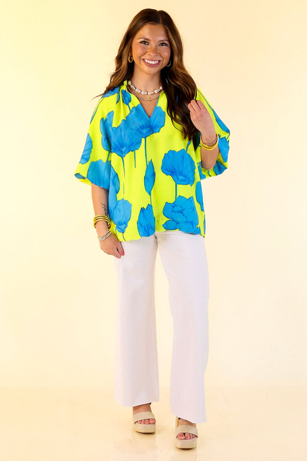 Puff & Petal V-Neck Blue Flower Print with Collar in Lime Green