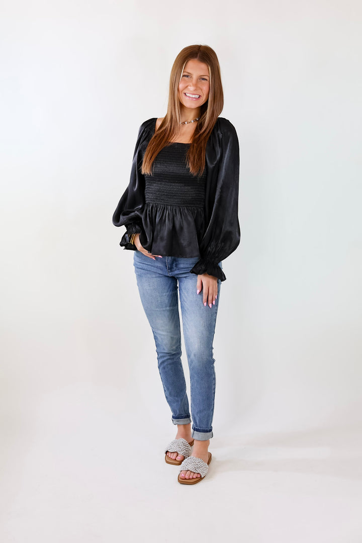 Perfect Vision Smocked Long Sleeve Top in Black - Giddy Up Glamour Boutique