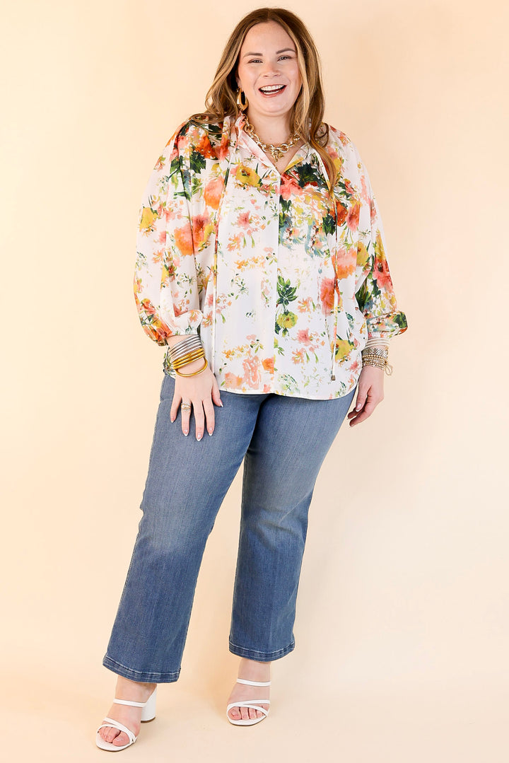 Hampton Hideout Floral Blouse with Keyhole and Tie Neckline in Off White